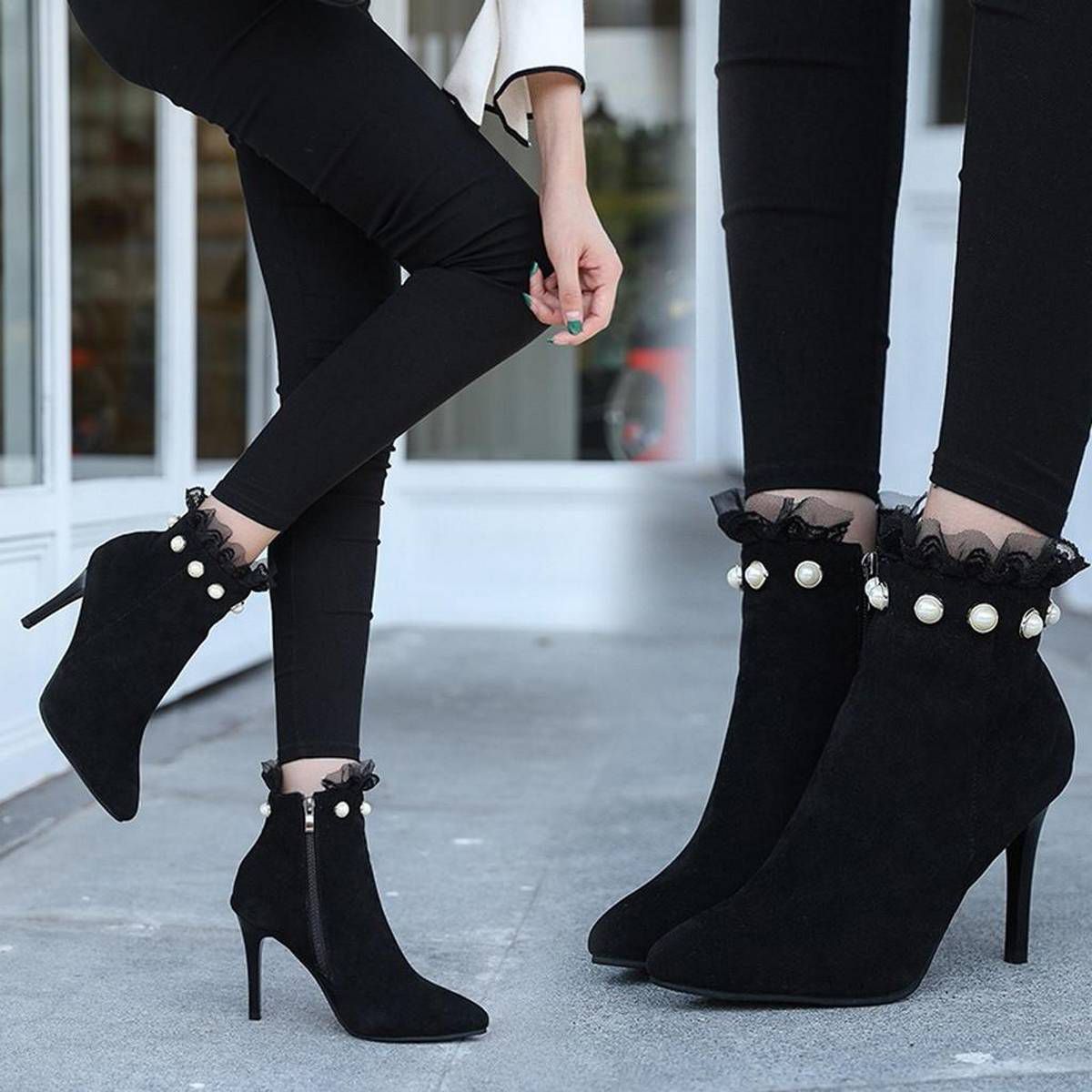 korean fashion boots for women ladies Women Ladies Fashion Ankle Pointed Toe Pearl Short Boots Casual Thin Heels Shoes