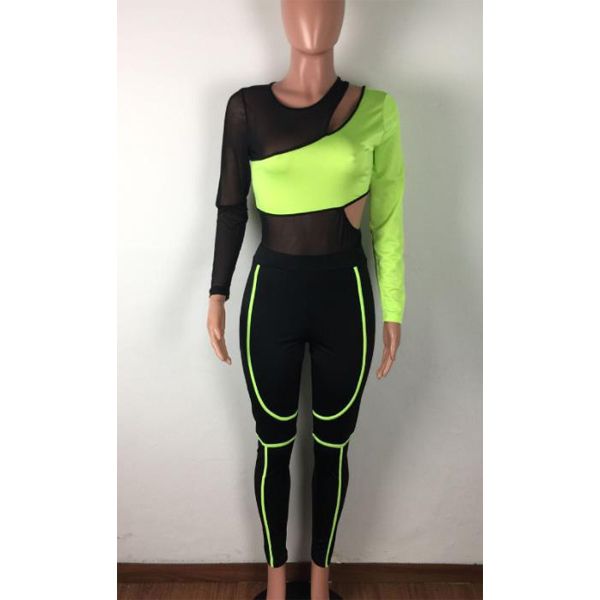2021 Women Fashion 2-piece Outfit Set Long Sleeve Mesh Patchwork Bodysuit and Pants Set
