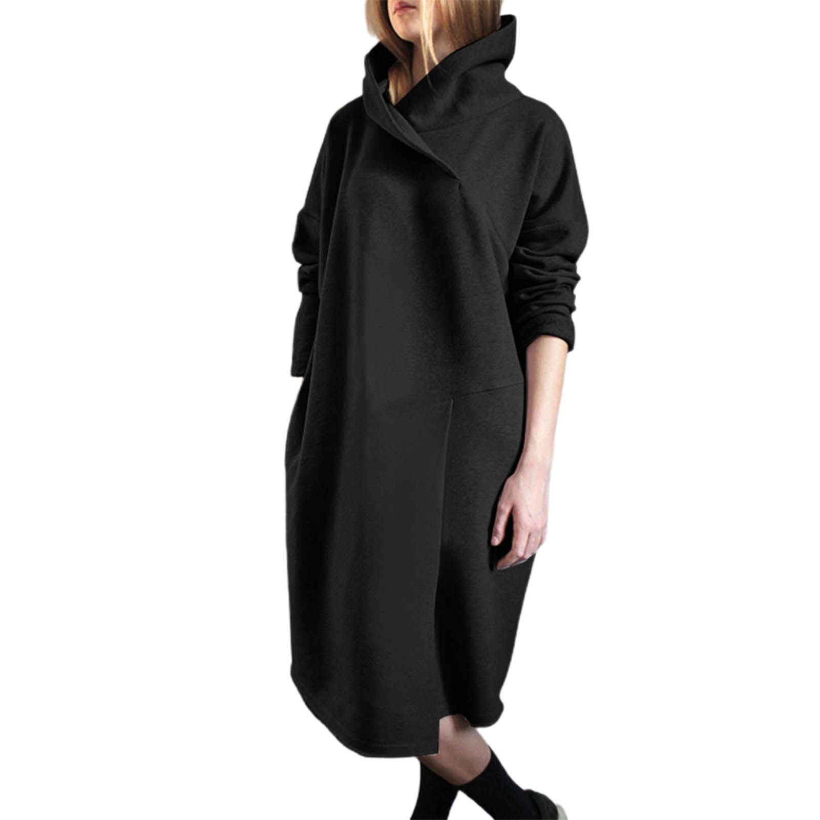 Women Hoodie Turtleneck Solid Color Turtleneck Hooded Dress