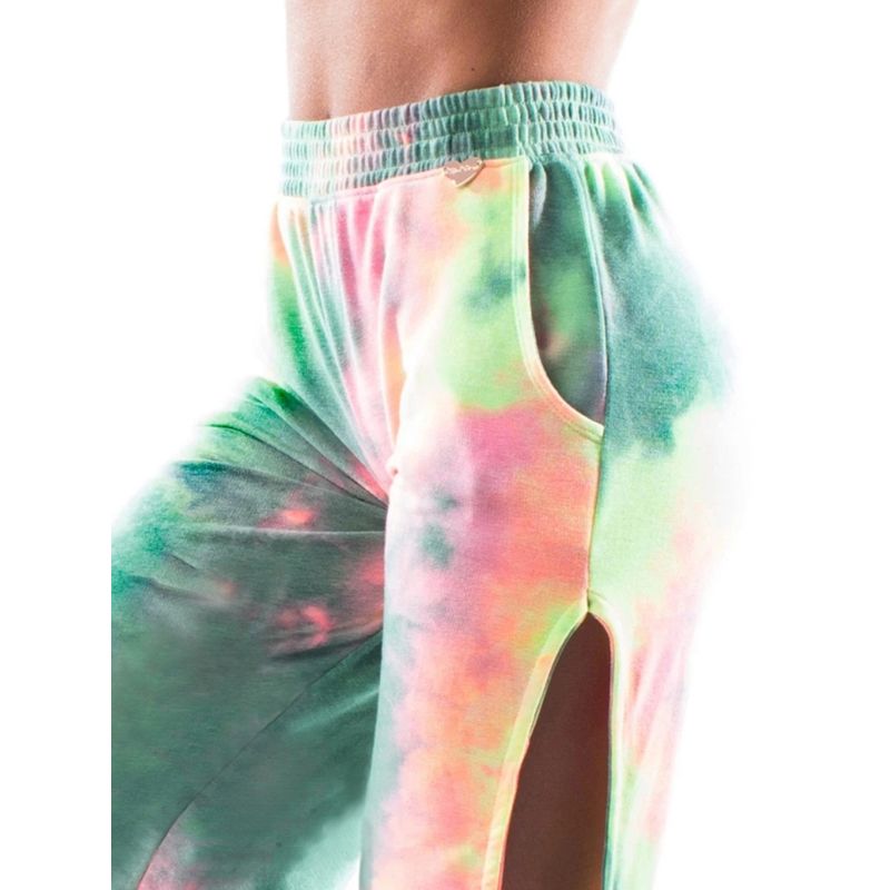 Women Long Pants, Tie Dyeing Pattern Pleated Elastic Waistband, Split from Thigh to Calf Bottom, Wild Fashion Pants with Pockets