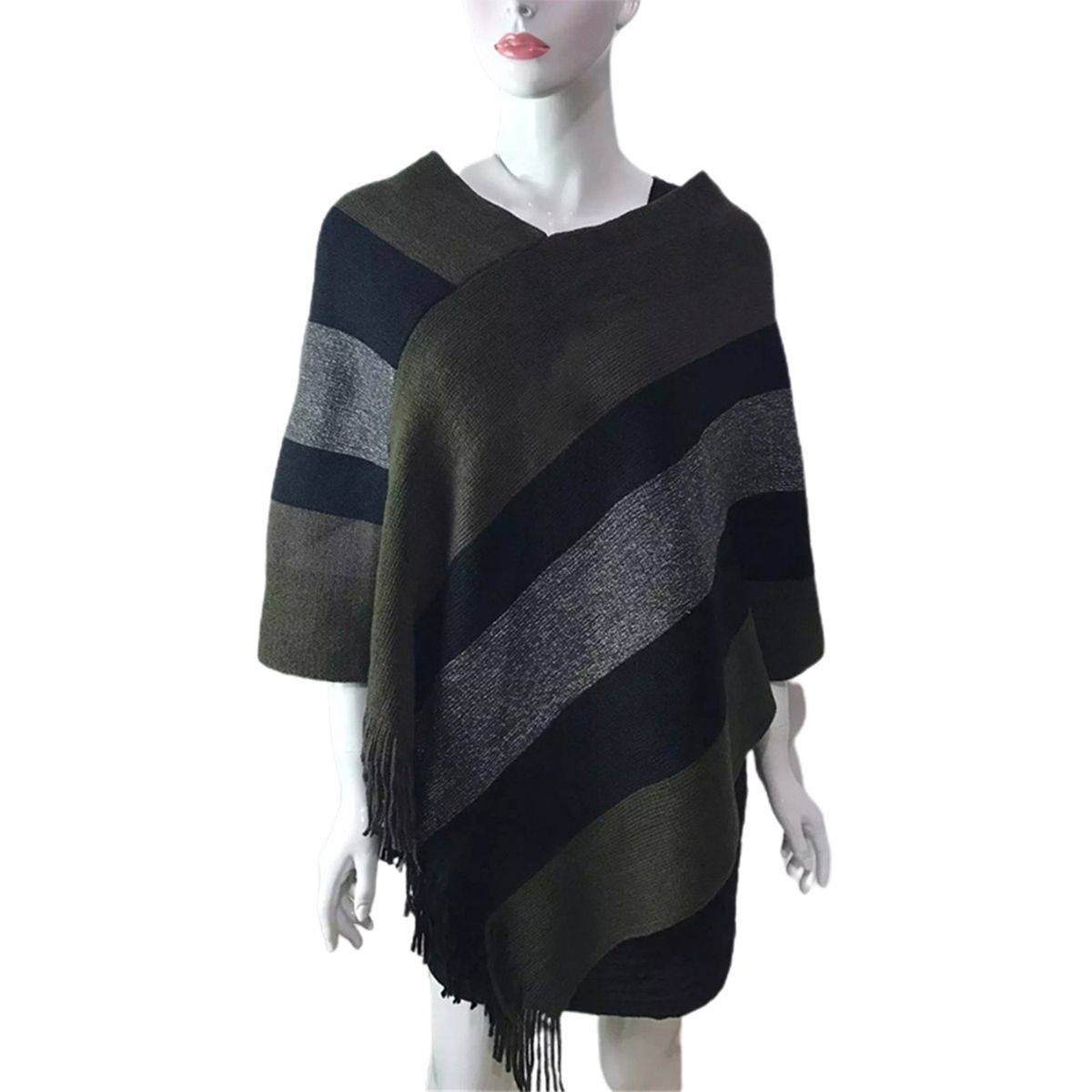 Spring Cape Coat Contrast Colors Loose Tassel Hem Lady Sweater Cape
