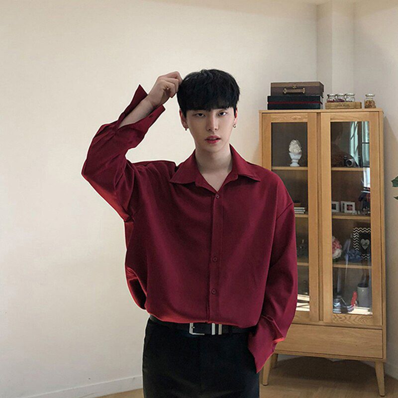 Red/Black/White Shirt Men's Fashion Business Society Mens Dress Shirt Korean Loose Casual Long-sleeved Shirt Men M-2XL