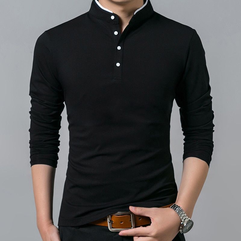 Liseaven T-Shirt Men Cotton T Shirt Full Sleeve tshirt Men Solid Color T-shirts tops&tees MandaCollar Long Shirt
