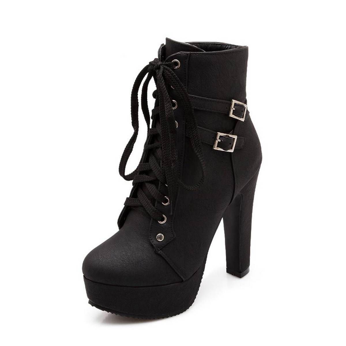 Women Ankle Boots Fashion Lace Up Autumn Winter Leather Thick High Heel Female Short Boots Double Buckle Booties