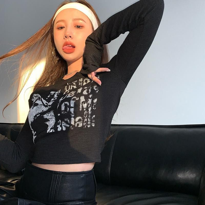 Yedinas Vintage Letter Print Long Sleeve Crop Top Women  Slim Autumn T Shirt Korean Style Chic Grunge Aesthetic Streetwear