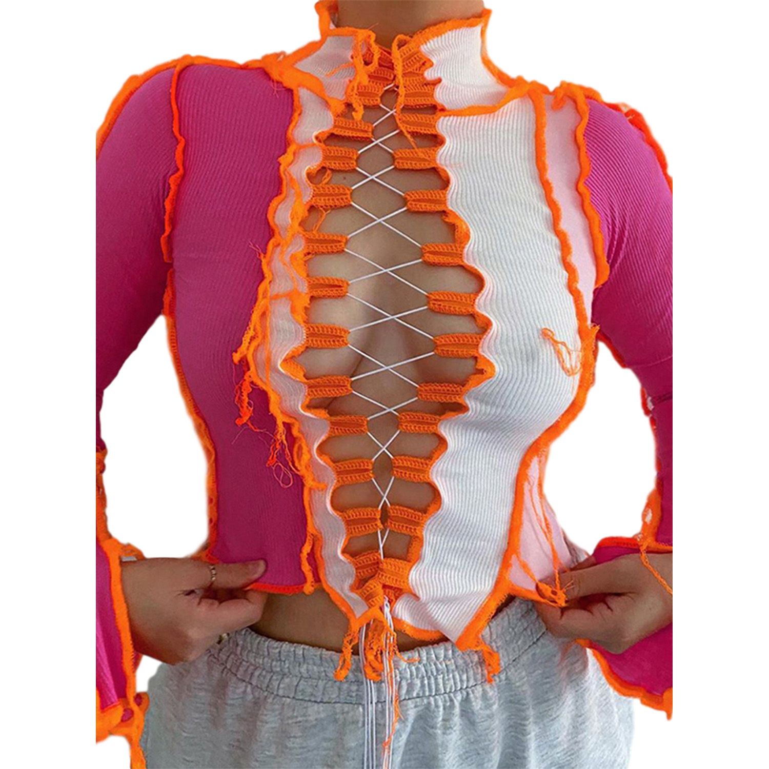 New Women Lace Up Hollow Out Crop Top, High Neck Long Sleeve Stitching Color Block  Blouses