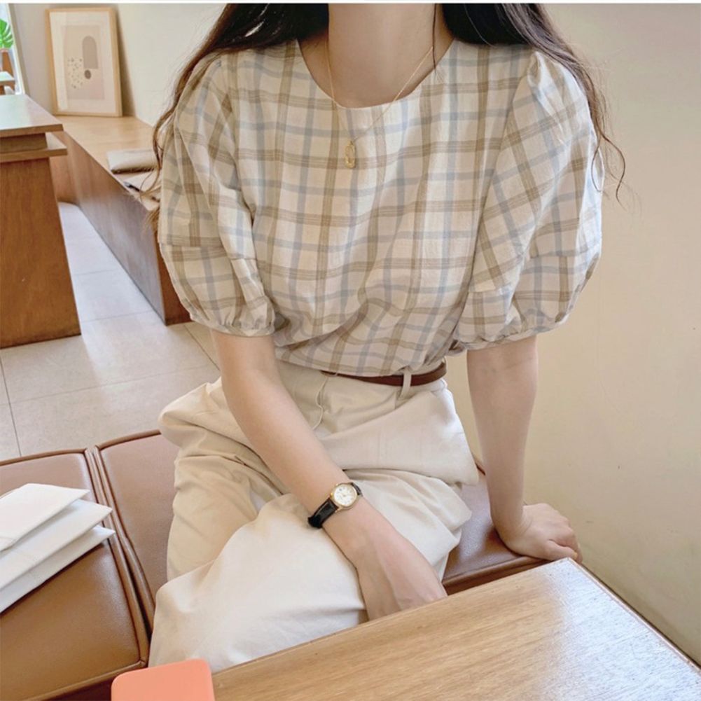 Yfashion Women  Shirt Retro ple Plaid Pattern Loose Round Neck Puff Sleeve Pullover Blouse color