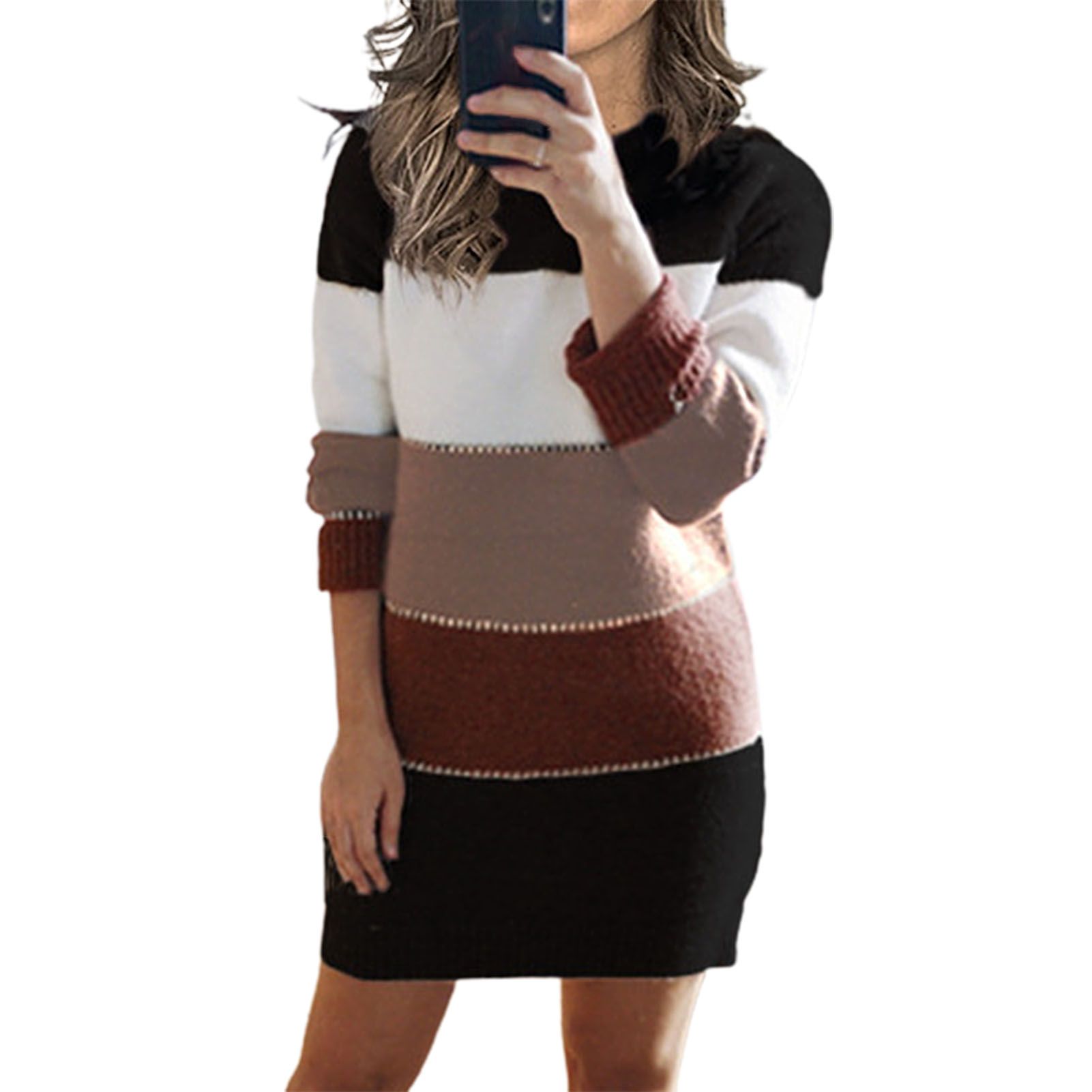 Winter Sweater Dress Elegant Stripped Print Sweater Mini Dress