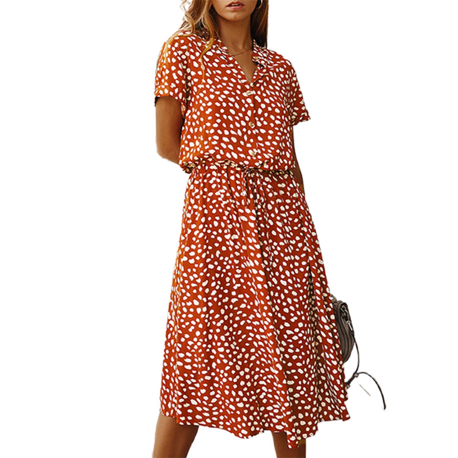 Ladies Dress Short Sleeve Printing 4 Colors Women Stand-up Collar Dress for Beach