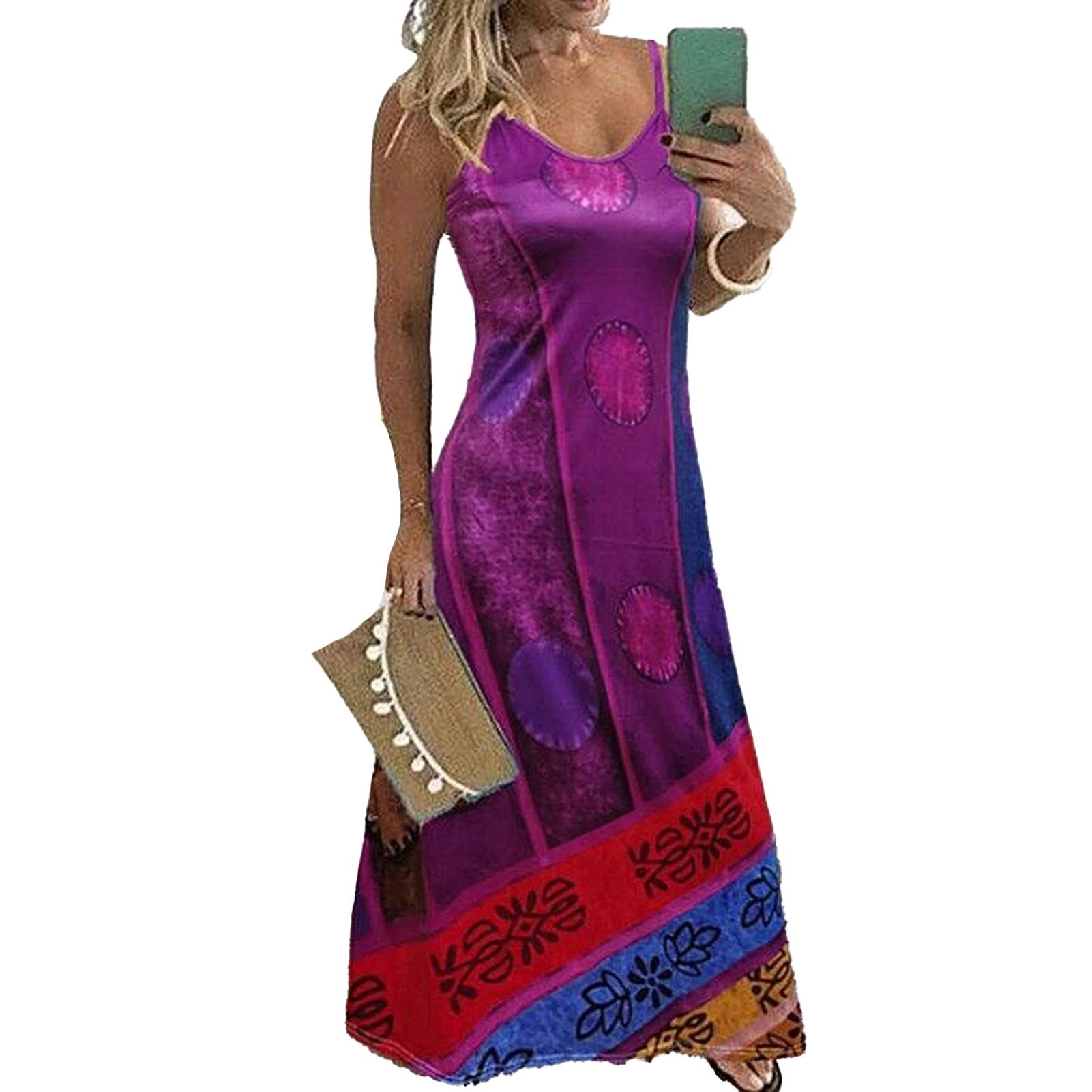 Maxi Dress Printed Spaghetti Strap Women Sleeveless Low Cut Dress for Daily Wear