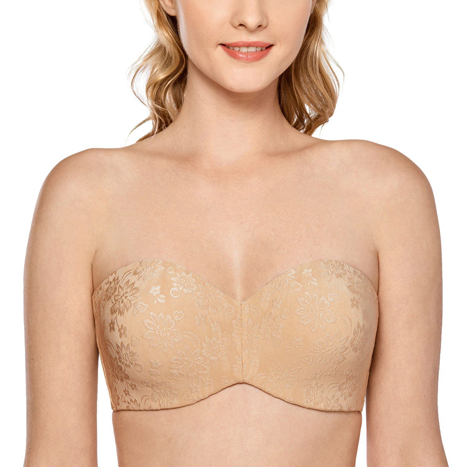 Women's Floral Jacquard Non-padded Underwire Minimizer Multiway Strapless Bra Plus Size A-G