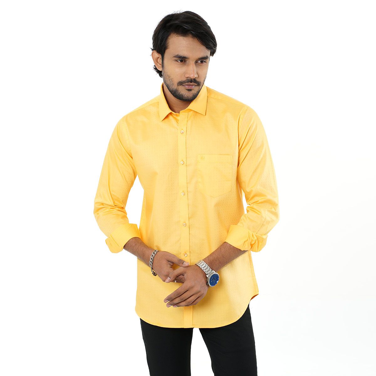 Solid Mixed Royal Yellow Cotton Stylish Slim Fitted Shirt