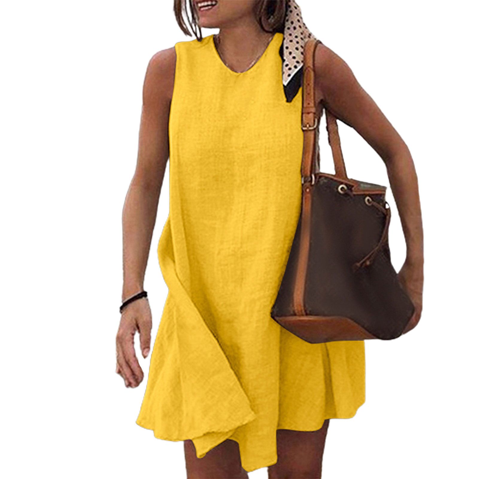Amamia Women Sundress O Neck Solid Color Tank Dress