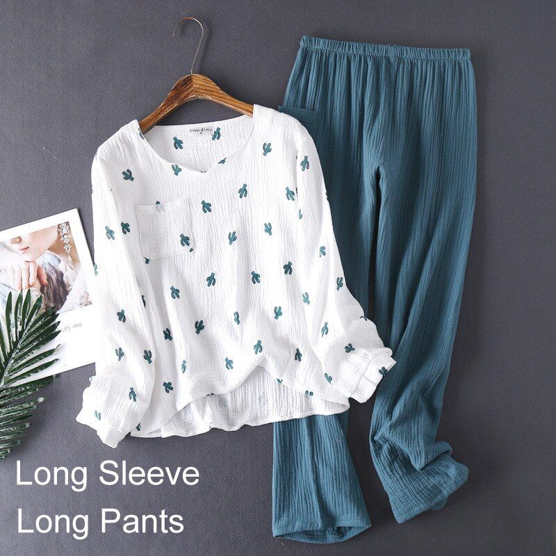 Women's Sleepwear Cotton Yarn Pajama Sets Water-washed Sleeping Suits Female Long-Sleeve Crepe Yarn Home Clothe Lounge Wear Pink