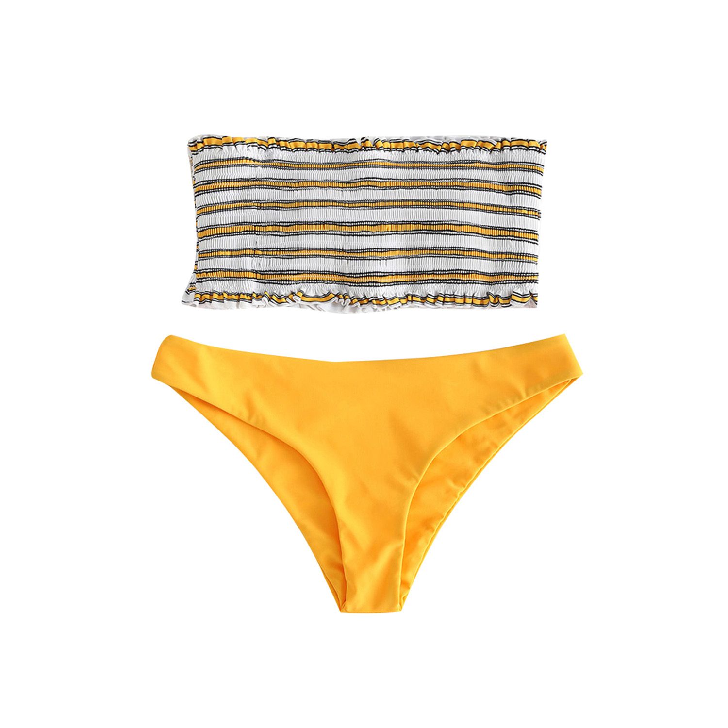 Women Sexy Two-piece Bathing Suit, Off Shoulder Striped Smocked Bandeau Solid Color Thong Set