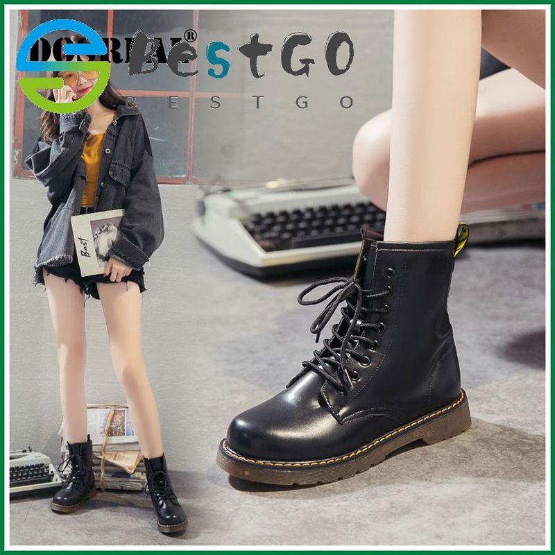 Boots For Women Korean Style Leather Shoes Casual Platform Thick High Tops Ankle Boots Lace Up Flat Heels Black Women Shoes