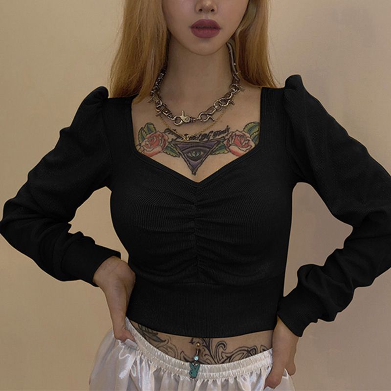 Blouse Long-sleeved V-neck Pleated Solid Color Puff Sleeves Slim Umbilical Women's Bottoming Shirt Sweater