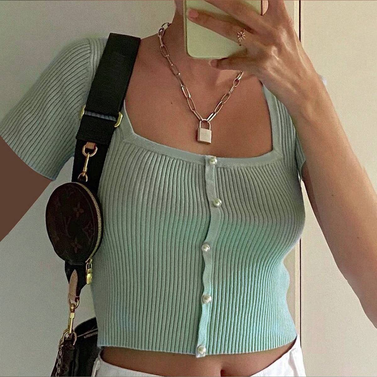 2021 Women Short Sleeve Square Collar Crop Top Ladies Summer Fashion Solid Color Knit Tops
