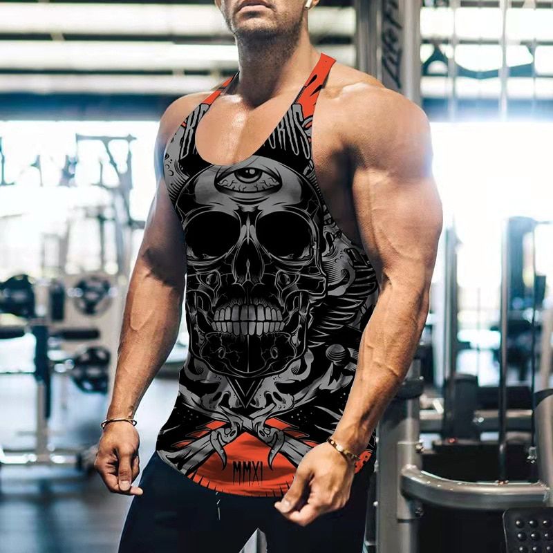 SS New Men's Vest 3D printing Running Fitness Male Srts Slim Elasticity Round Neck Sling Tee Good Quality