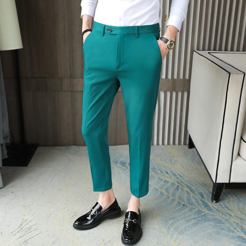 Summer Gentleman Wedding Dress Pants Blackish Green Slim Fit Mens Social Cropped Pants Red Stretch Elegant England Streetwear