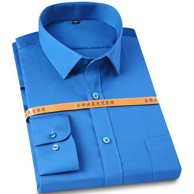 Men's Non-iron Silky Mercerized Cotton Dress Shirts Single Patch Pocket Business Long Sleeve Standard-fit Classic Office Shirt