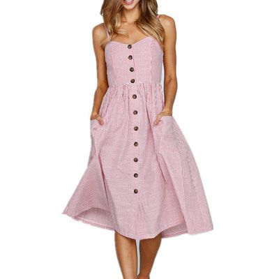 Summer Midi Dress Women's Sling Backless Sleeveless Button Striped Dot Print Solid Beach Dress With Pockets Female Sundress