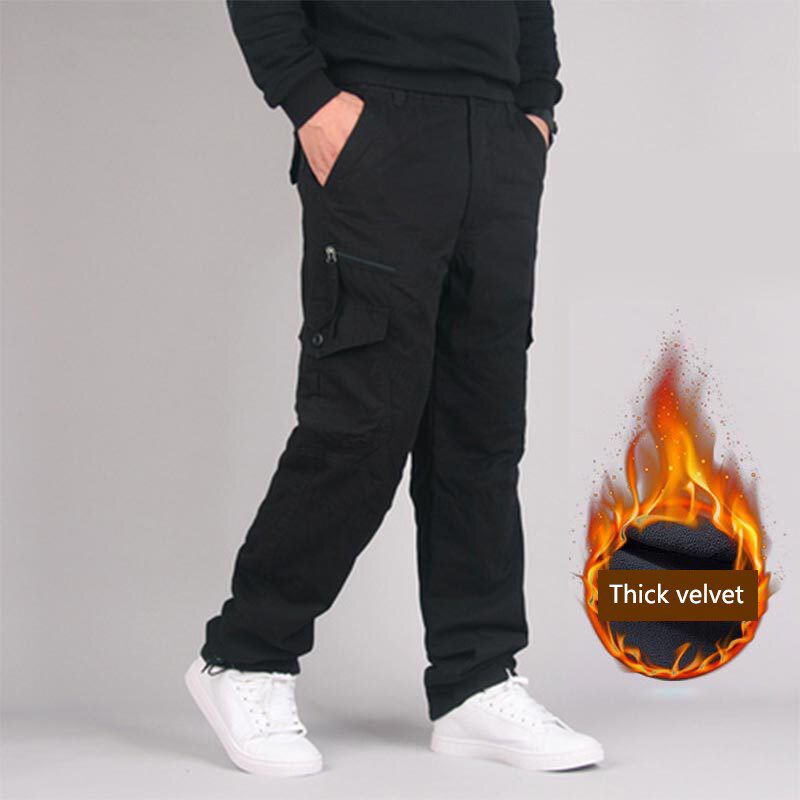 Men Cargo Pants Fleece Thick Warm Multicket Autumn Winter   Zip Straight Slacks Long Trousers Outwear Sport Pants