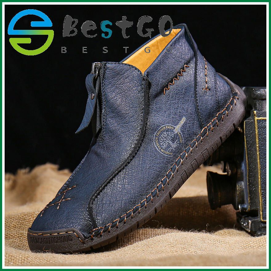 Mens Hand Stitching Leather Casual Shoes Soft Zip Ankle Boots Loafers Driving Flats