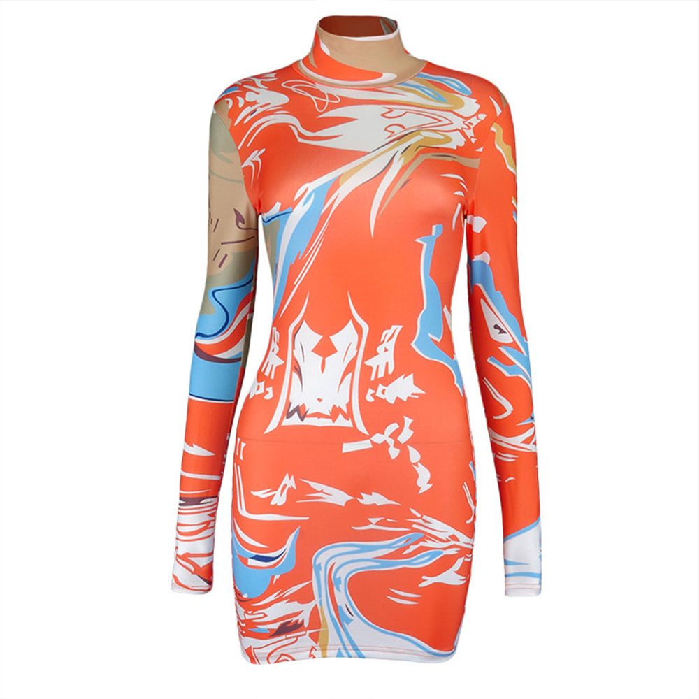 Women Sexy Bodycon Dress, Trendy Print Long Sleeve Mock Neck Slim Fit Mini Dress Clubwear