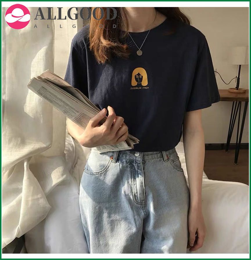 Simple Character Cartoon Printed Causal Loose Short Sleeve O-neck Sweet Cute Fresh Summer Women Top T-shirts