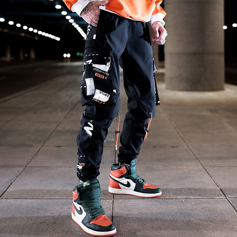 New Autumn  Hop Fashion Cargo Pants Men's Harem Pants Side ckets Patchwork Printed Streetwear Sweatpants Punk Joggers