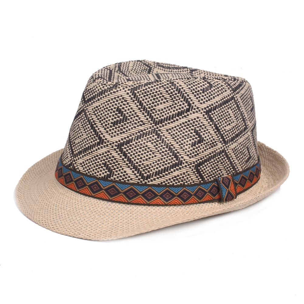 Men Women Retro Fashion Panama Style Ethnic Trilby Fedora Straw Sun Hat with Belt - Black one size fits all (58cm)