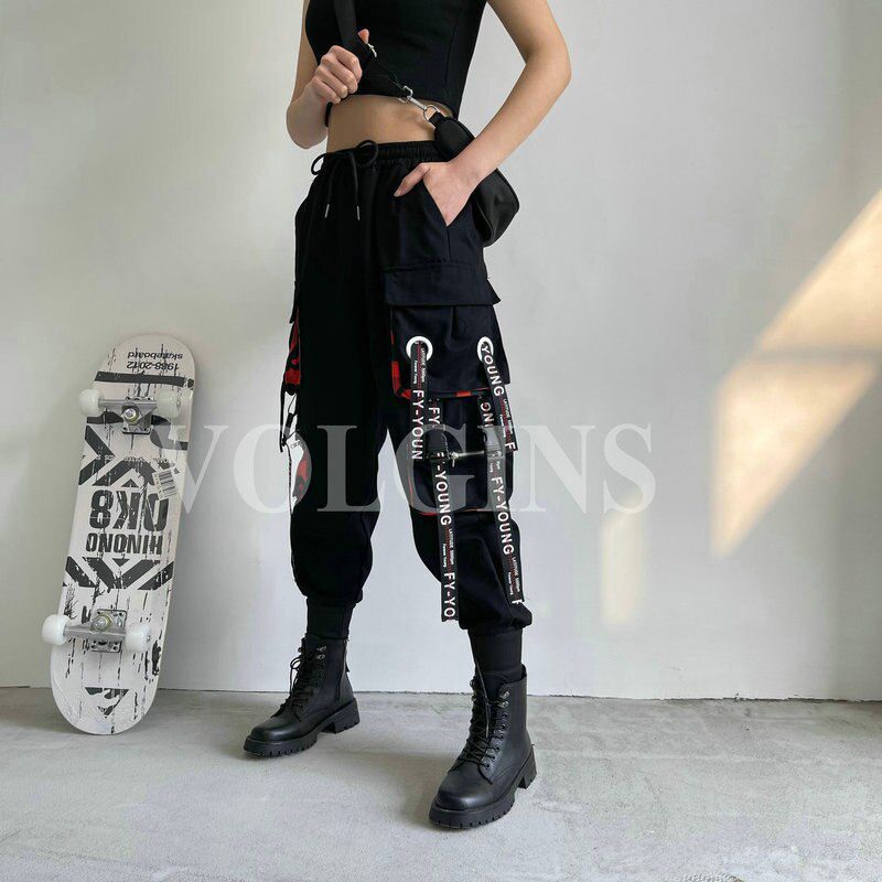 Women's Cargo Pants Ribbon Pocket Jogger Elastic Waist High Streetwear Pant Punk Cotton Females Trousers