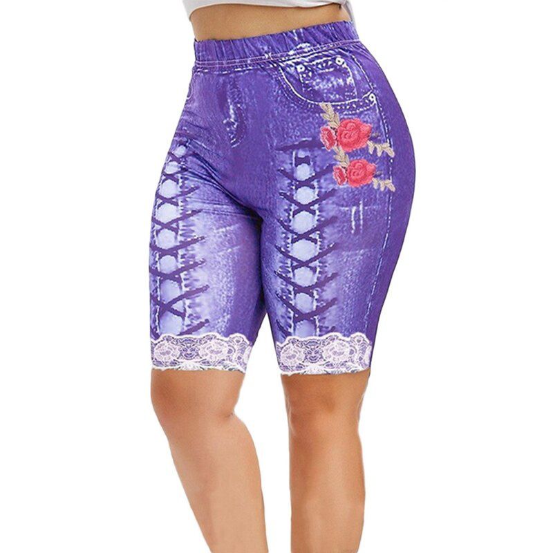 Plus Size Women Yoga Shorts Leggings Summer fa_ke Denim Ladies Short Pants Summer Floral Printed High Waist Female Shorts 2021