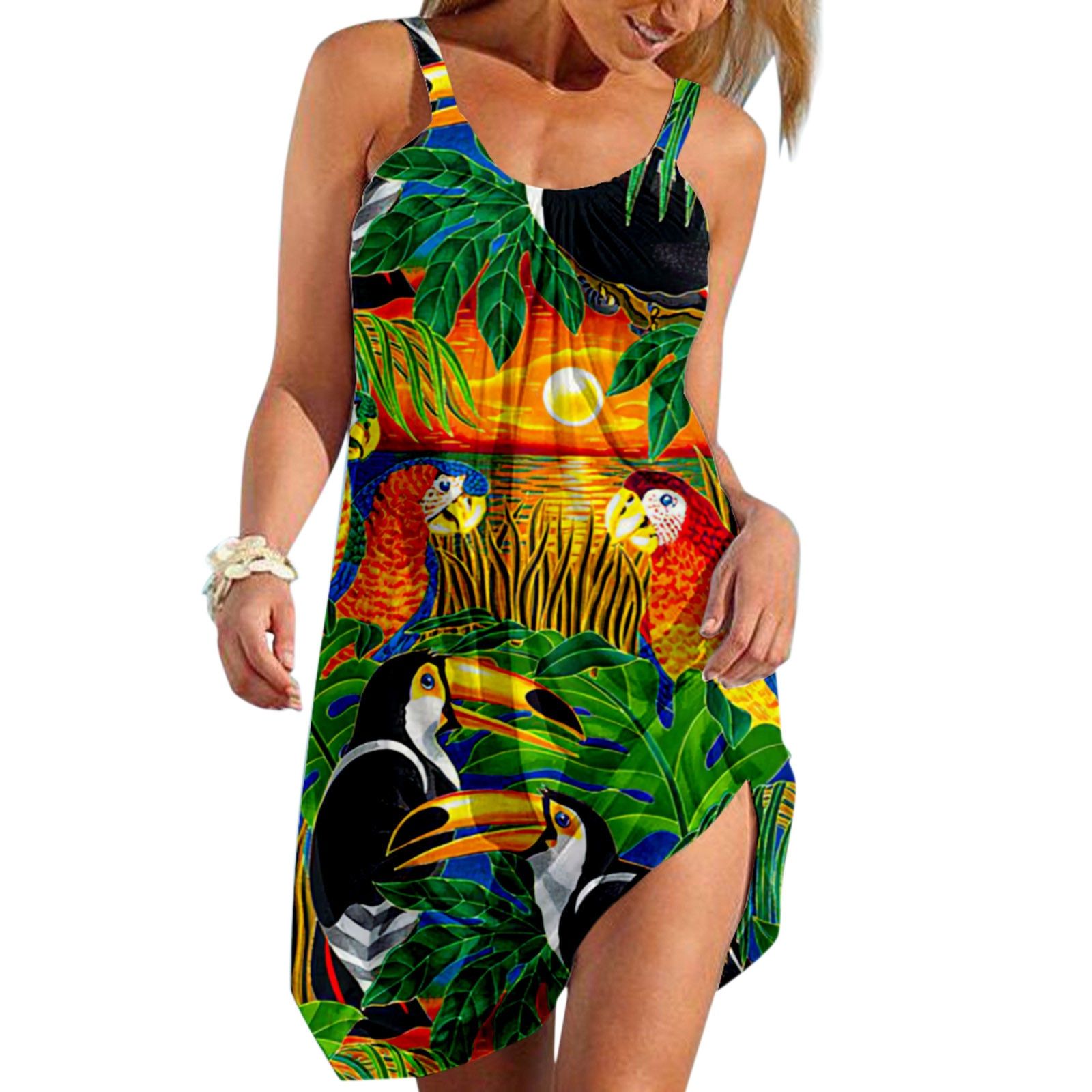 Women'S Parrot  Print Summer Beach Dress Fashion  Sleeveless Cute Cartoon Print Hem Loose Beach Camisole Mini Dress Holiday