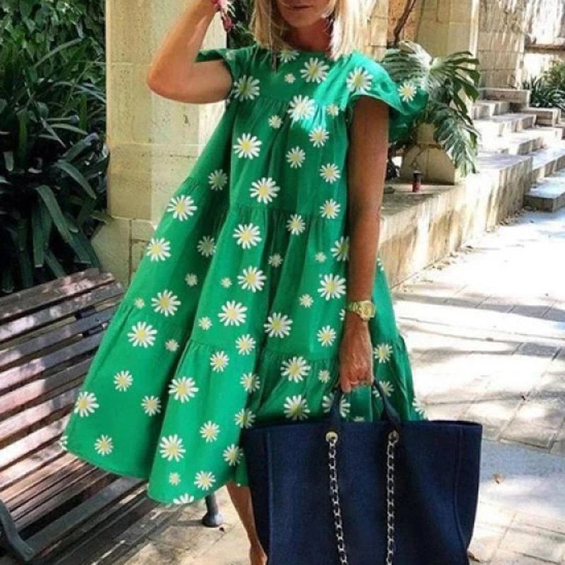 Summer 2022 Women'S Retro Loose 2xl Casual Round Neck Short Sleeve One-Piece Dresses White Short Dress Vestidos Clothes