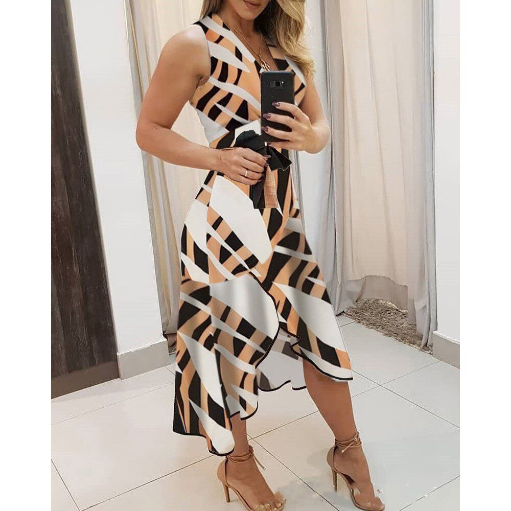European And American Popular Summer V-neck Sleeveless Contrast Printing Ladies Dress Women