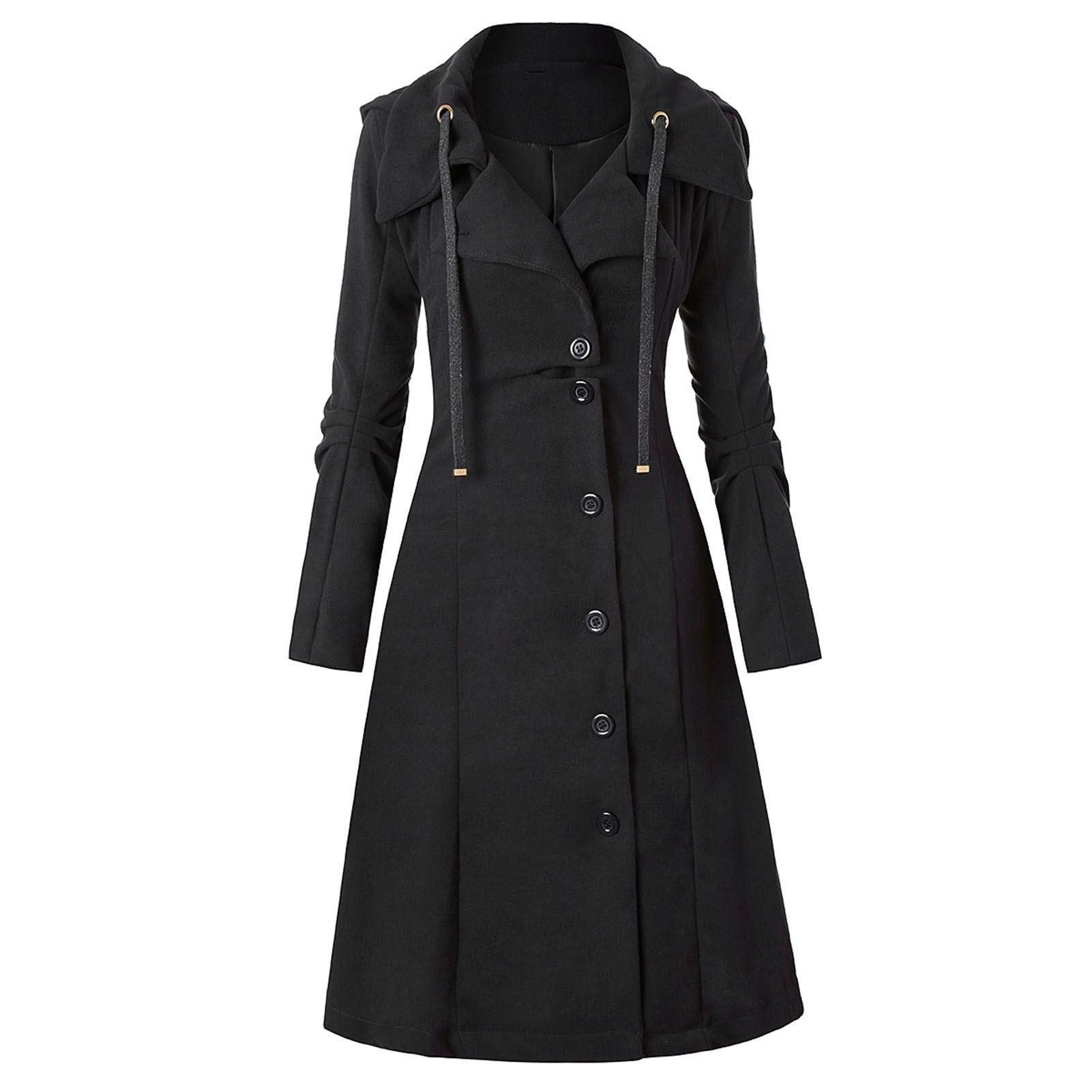 Elegant Coat Dress Large Hem Hooded Drawstring Lady Woolen Coat