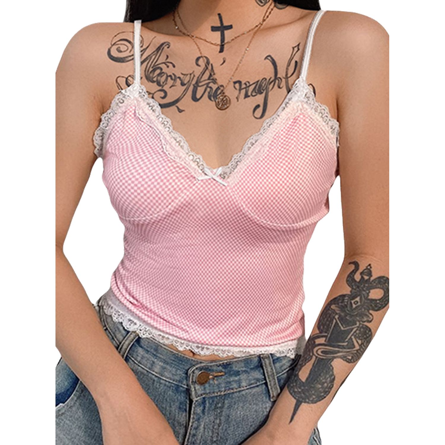 Women's Pink Plaid Camisole Summer Fashion Sexy Lace Trim Sleeveless V-neck Cropped Top