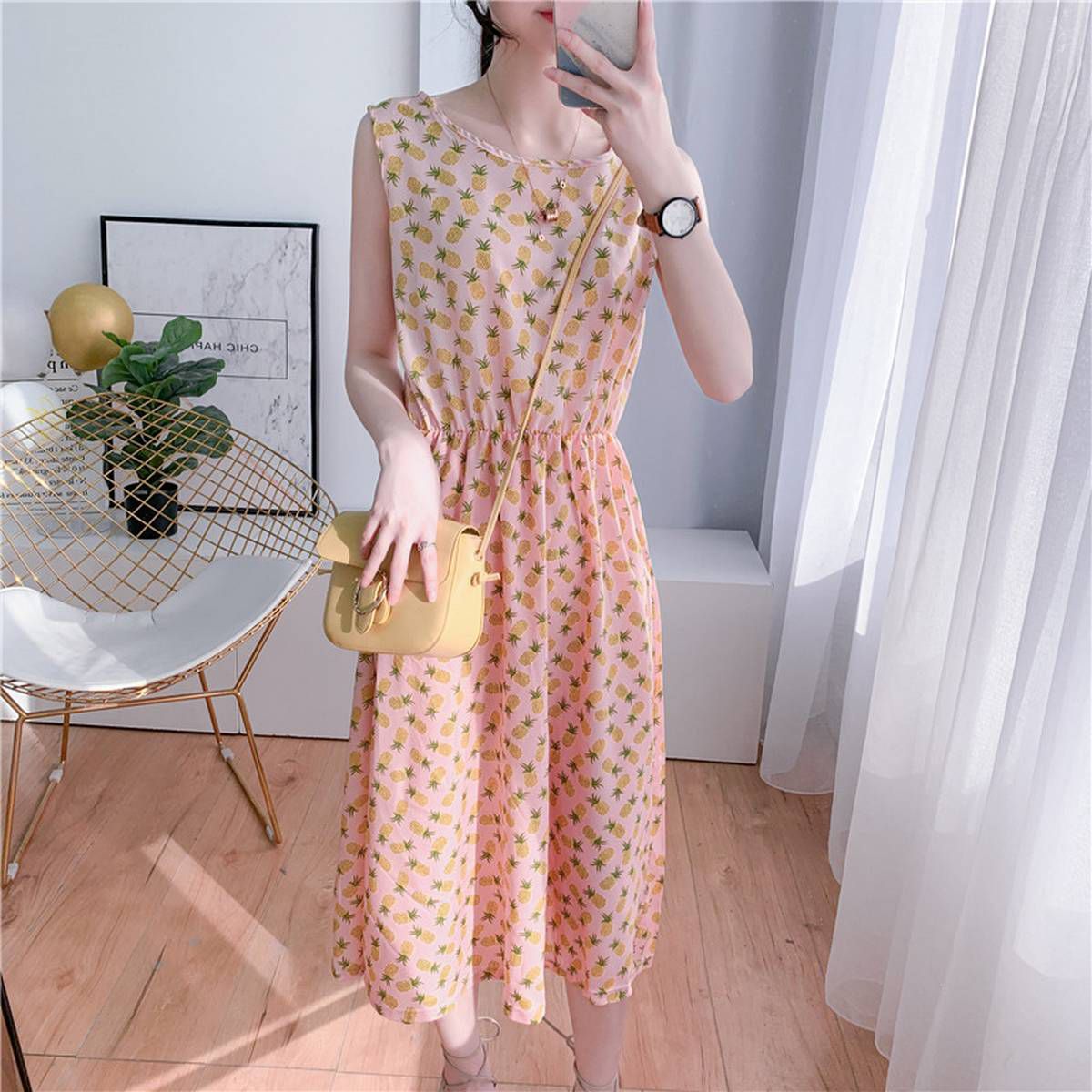2021 Women Summer Fresh Pineapple Printed Dress Fashion Chiffon Mid-length Sleeveless Dress