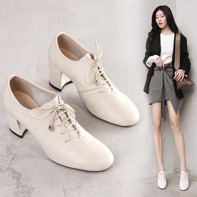 NEW Deep Single Shoes,Women Mid Heels,Pointed toe,Lace-up,British Style,Female Footware,Black,Beige