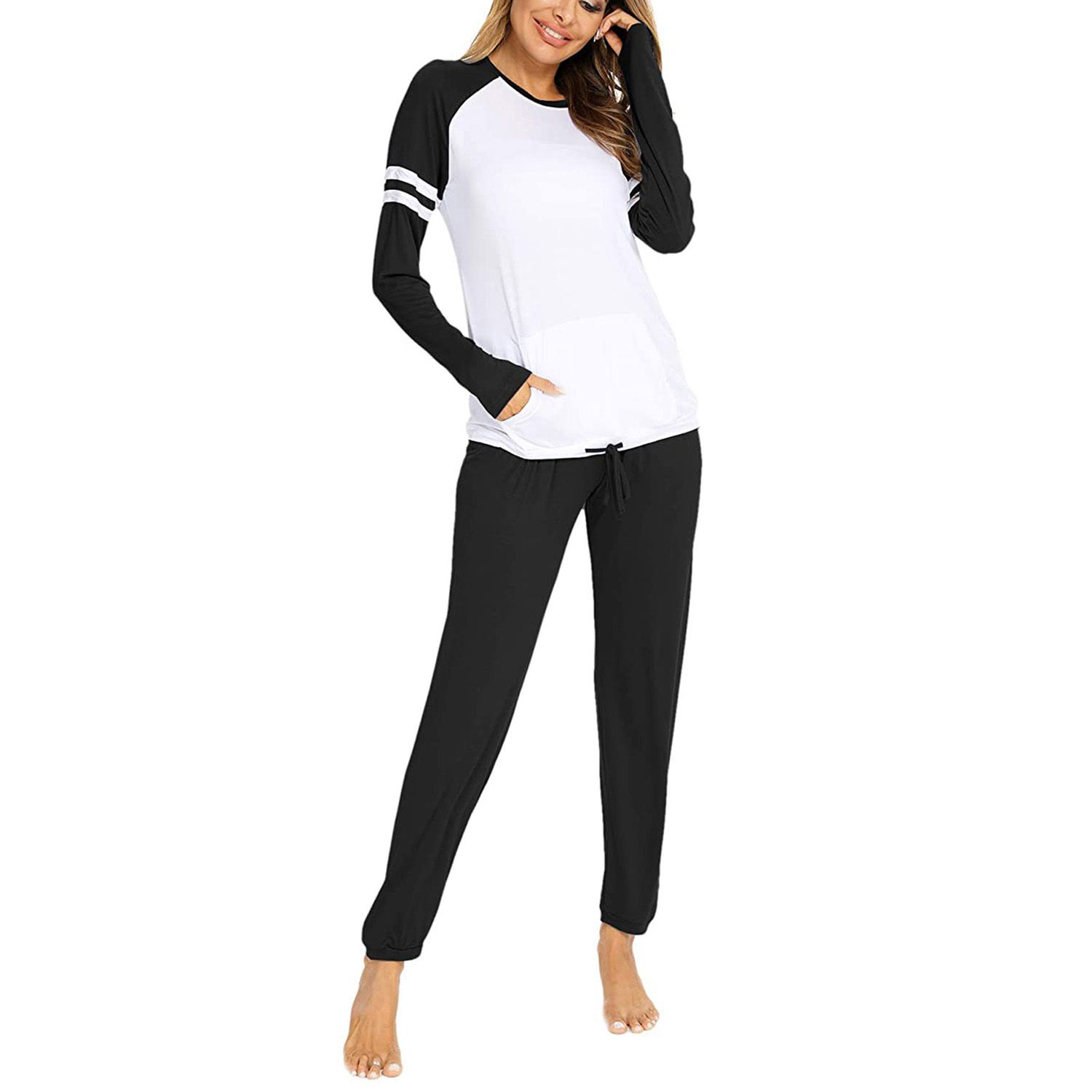 2021 Women's Long Sleeve Long Pants Set, Round Collar Lace-up Suit, Slim Casual Home Clothing