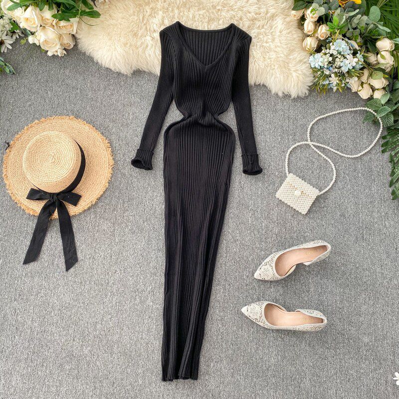Women Autumn Knitted Dress V Neck Slim Elastic Oversized Basic Bodycon Long Dress Winter knit Warm Sweater Dresses