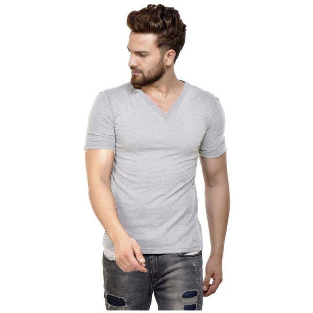 Fashionable V-Neck Half Sleeve Slim Fit T-Shirt For Men - T Shirt