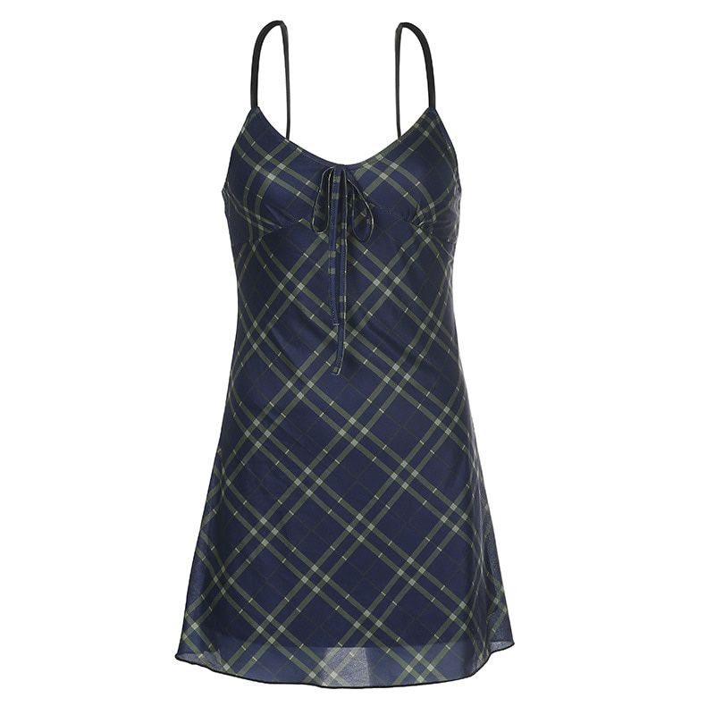 E-Girl 90sBandage Front Ruffles Plaid Dresses Vintage Mesh V-neck Backless A-line Mini Dress Partywear
