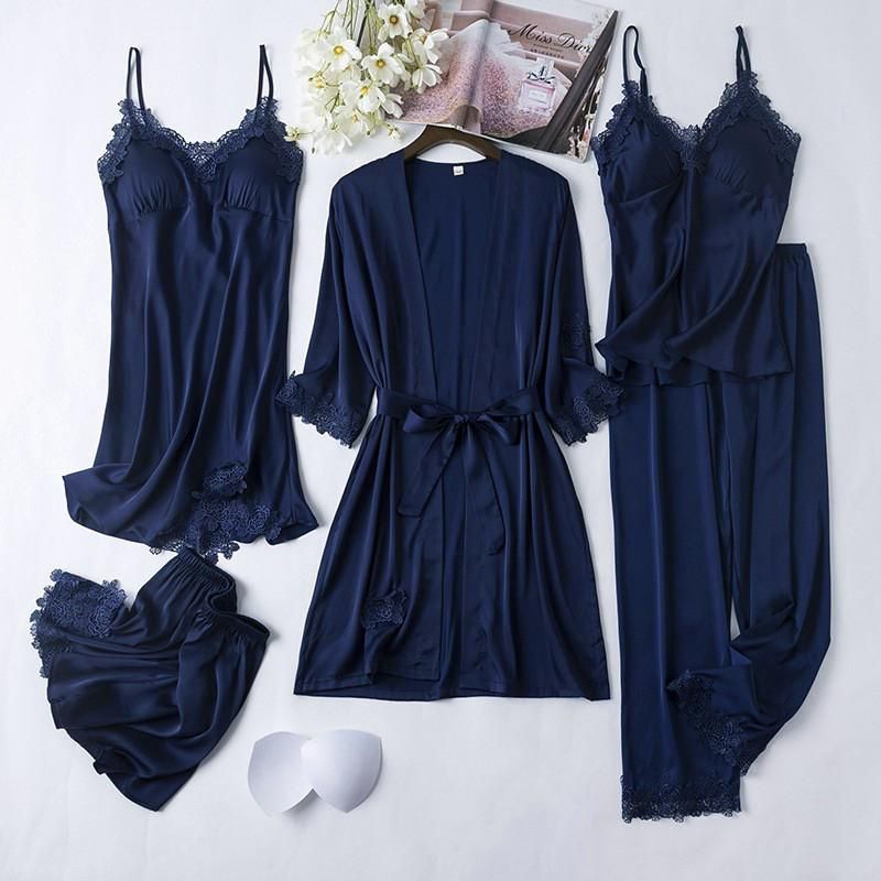 y 5PCS Nighty Bathrobe Gown Sets Women Lace Satin Robe With ChPads Nightgown Sleep Suit Spring Kimono Sleepwear Home Wear