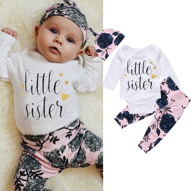 Baby Girl's Autumn Outfit Sets White Long Sleeve Round Neck Letter Print Romper + Floral Pants + Floral Hat
