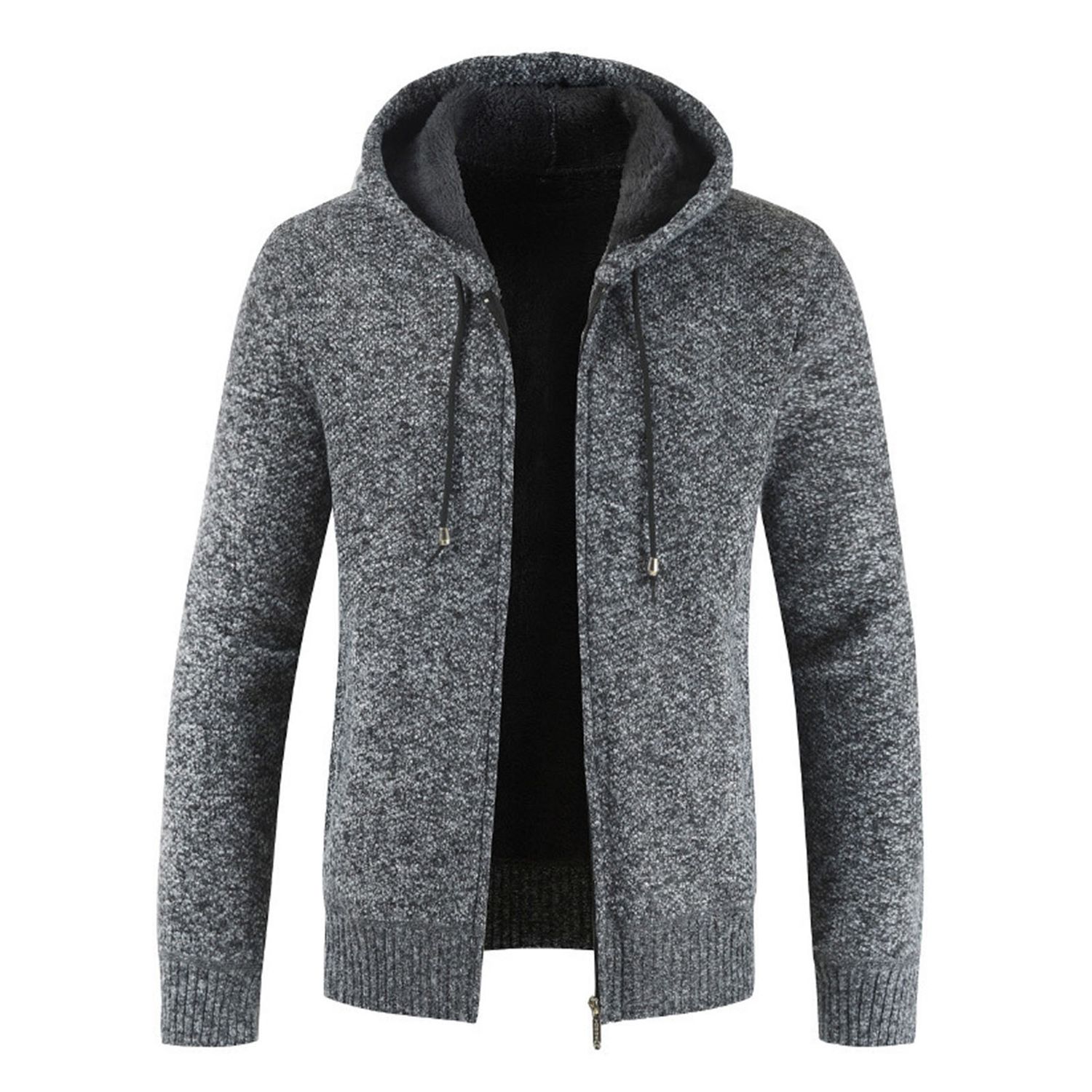 Knitted Jacket Elastic Hooded Plush Lining Drawstring Men Sweater Coat