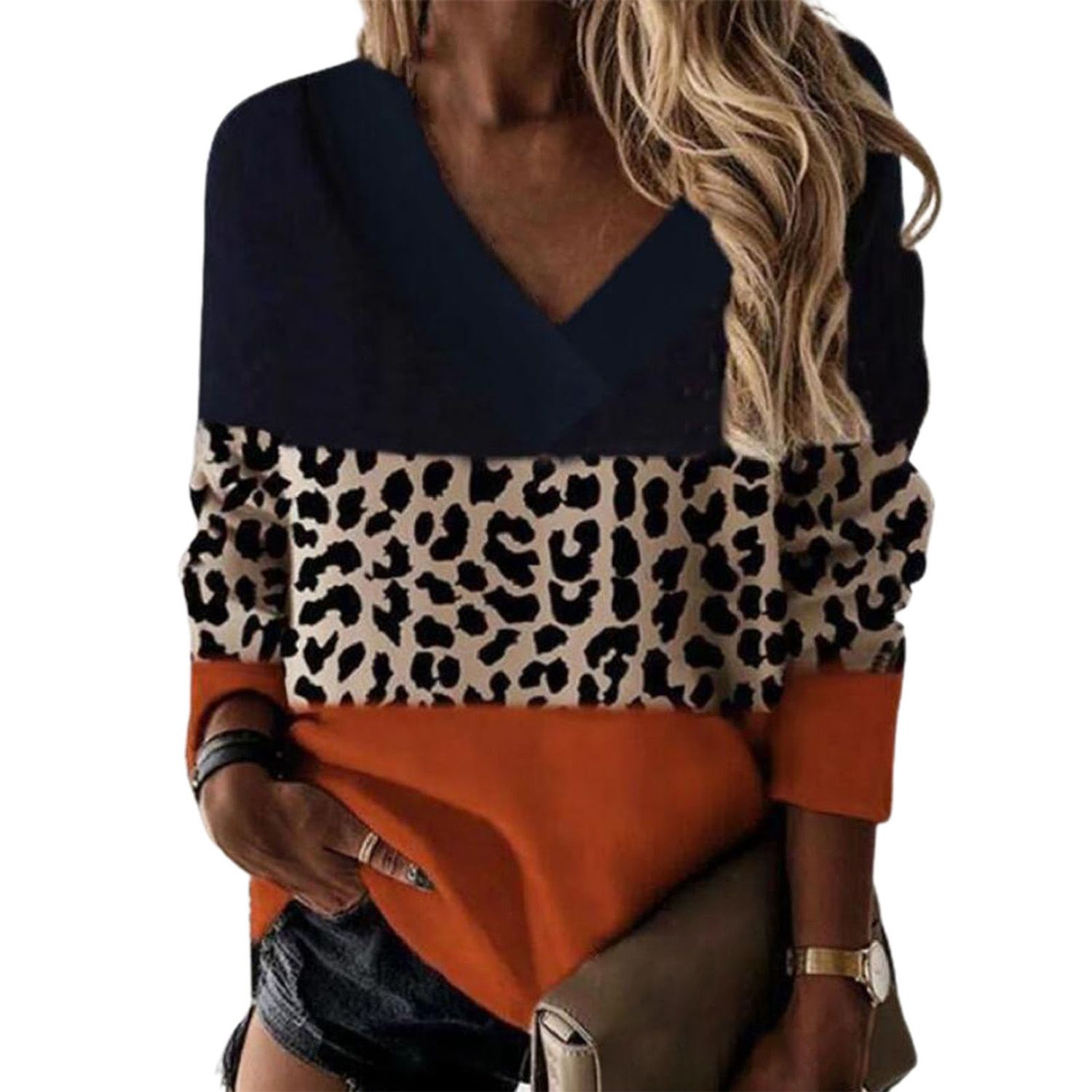 Women Blouse Long Sleeve Contrast Color Loose-fitting Blouse