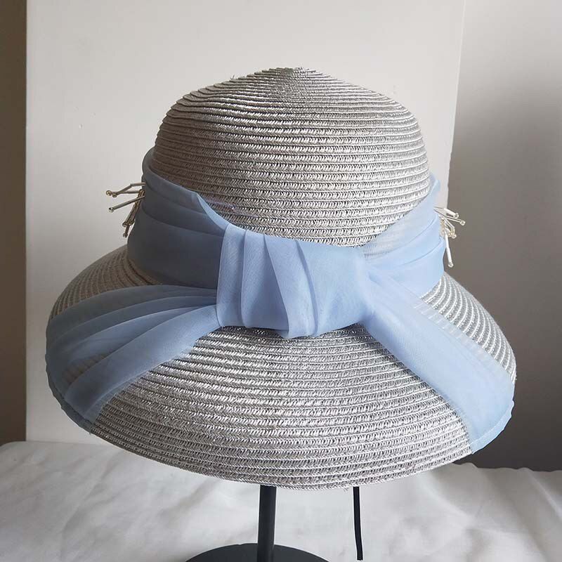 07-xushen summer PP grass pearl luster  Nail bead  Elegant Hepburn style lady sun  cap  women leisure holiday  hat